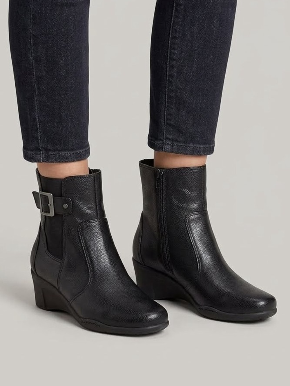 Aerosoles “Bookstore” Black Booties with Stretch and Silver Buckle